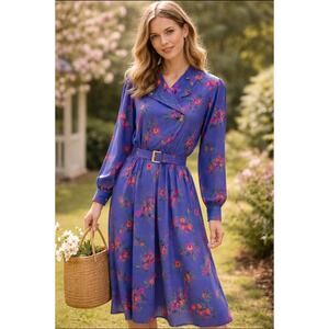 Vintage 80s Liz Claiborne Floral Midi Dress Secretary Chic Belted